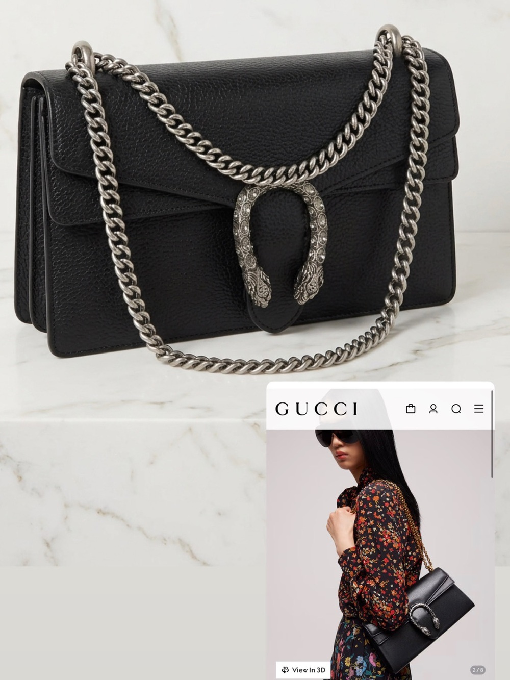 Medium Gucci Black Dionysus- Shoulder Bag with Silver Chain and Horseshoe Detail